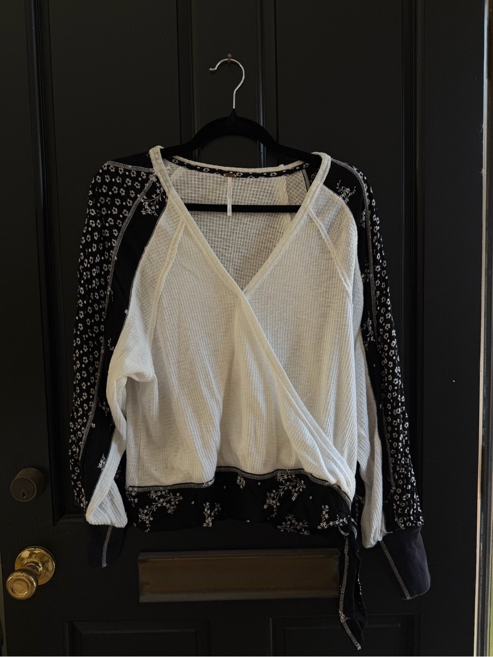Free People Cream Waffle Knit Wrap Top with Black Floral Sleeves